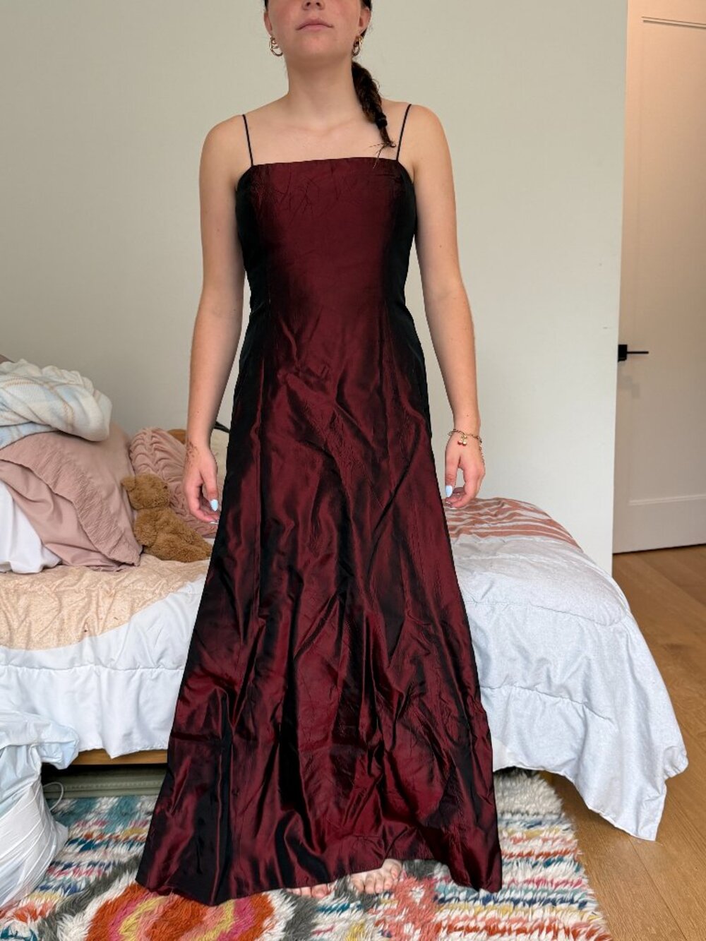 Vintage Y2K Cache Iridescent Burgundy Taffeta Open Back Maxi Gown, Size 6